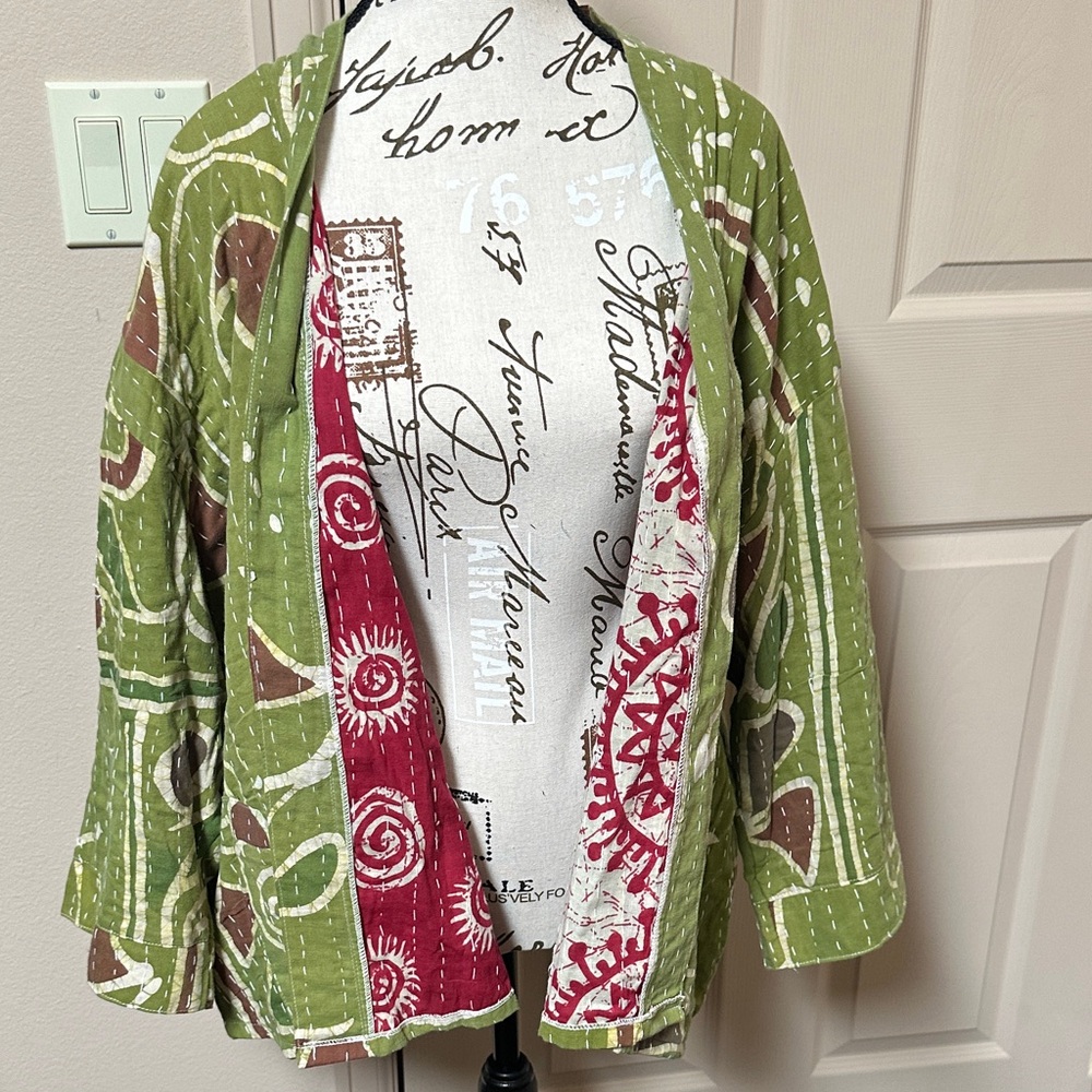Beautiful Green and Red Kantha Kimono Jacket